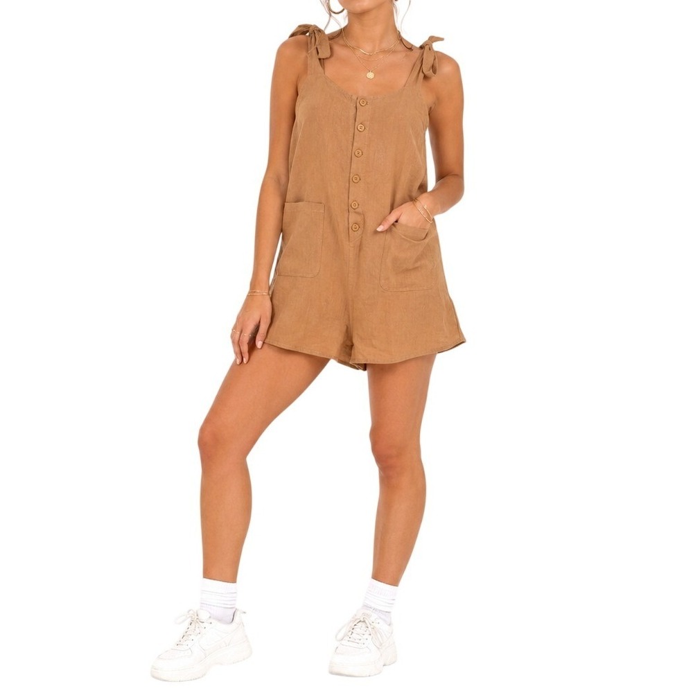 Yeokou Romper Womens XXL Brown Relaxed Cotton Linen Lagenlook Earthy Boho Summer
